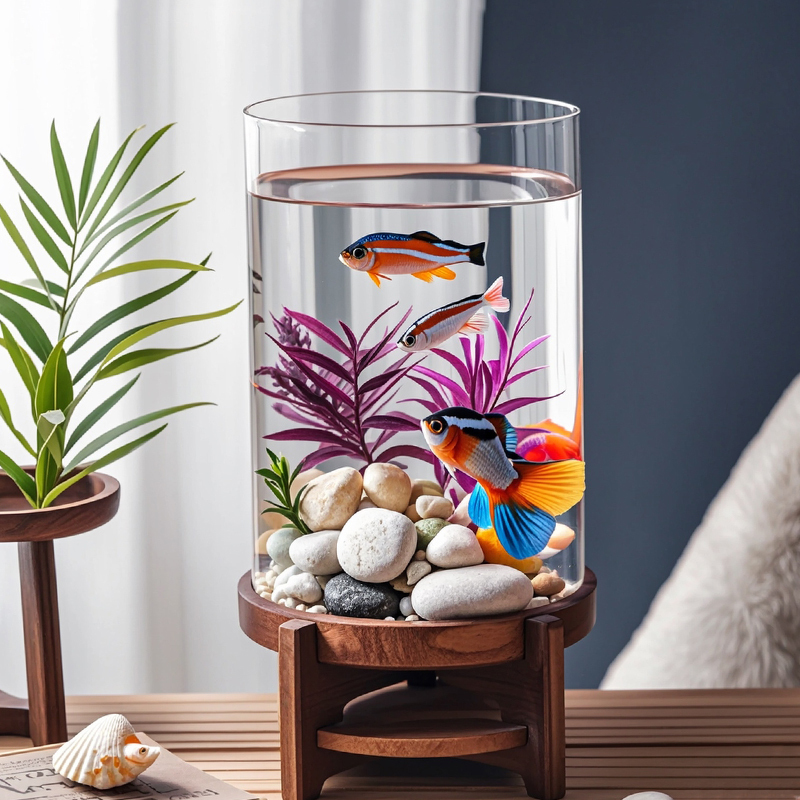 Small Ecological Desktop Fish Tank for Office, Home, Living Room, Transparent Glass Tank for Betta Fish and Goldfish, Cylindrical Mini
