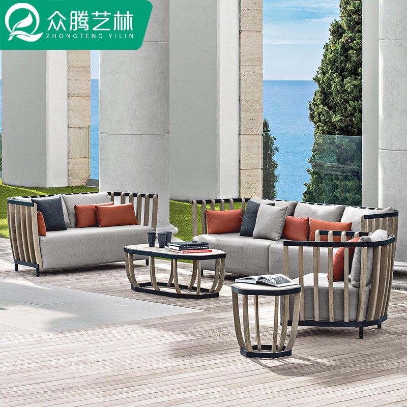 Outdoor solid wood sofa courtyard garden waterproof sunscreen teak designer outdoor leisure antiseptic wood sofa combination