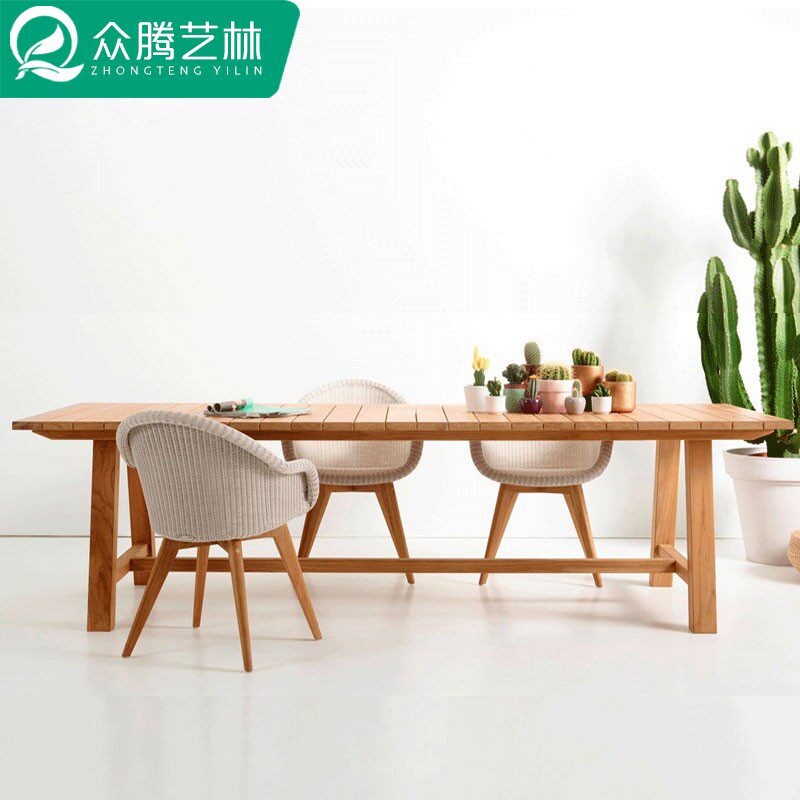 Outdoor teak table and chair courtyard open air high end vine chair dining table villa outdoor large terrace anti-corrosion wood leisure table chair