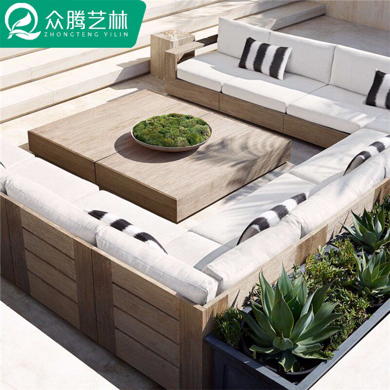 High-end outdoor teak sofa villa hotel leisure nostalgic poverty wind solid wood sofa outdoor terrace leisure chair