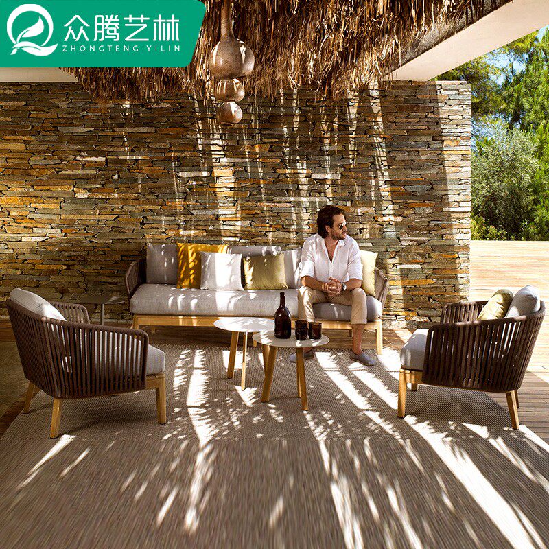 Outdoor Sofa Solid Wood Vine Choreography Sofa Open-air Balcony Casual Rattan Sofa Outdoor Villa Hotel Rattan Furniture