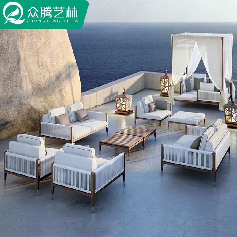 High-end Outdoor Sofa Patio Rope Choreography Open-air Teak Cane sofa Double outdoor anti-corrosive wood tea table Leisure rattan chair