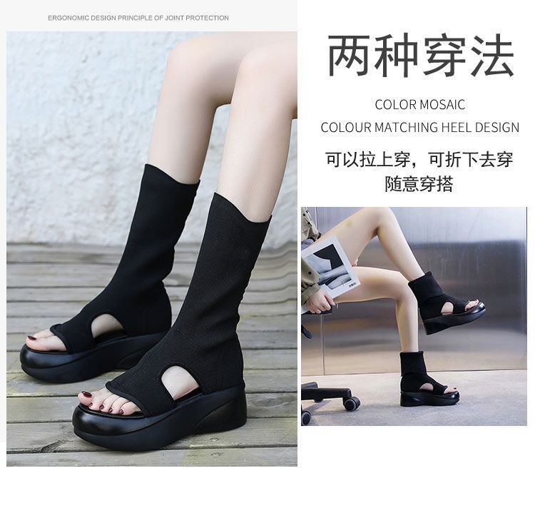 Mansan mùa xuân và mùa hè mới giày ống xỏ ngón giữa phụ nữ 2020 giày ống vải kéo dài đế dày đế dày và giày cao gót đế mỏng - Kính khung