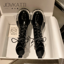 JOVKATTI black martin boots womens pearl lace patent leather high-end womens shoes 2022 new autumn mid-heel ankle boots