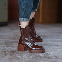 JOVKATTI high-heeled Martin boots womens thick-heeled and thick-soled high-end womens shoes 2022 new autumn and winter fleece leather ankle boots