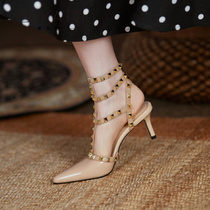 Rivet high heels stiletto pointed toe Roman sandals womens 2022 new autumn leather straps shallow mouth willow shoes