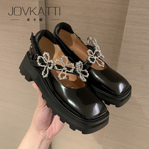 Loafers pearl flower square head British small leather shoes womens 2022 new autumn single shoes platform thick bottom Mary Jane shoes