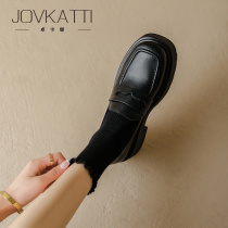 JOVKATTI thick Lefu shoes female leather increased one foot in the British wind in 2023 heel shoes