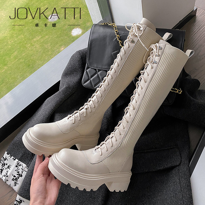 Elastic stockings boots thick-soled high boots women's 2022 knitted lace-up round toe high-heeled thick-heeled British Martin boots