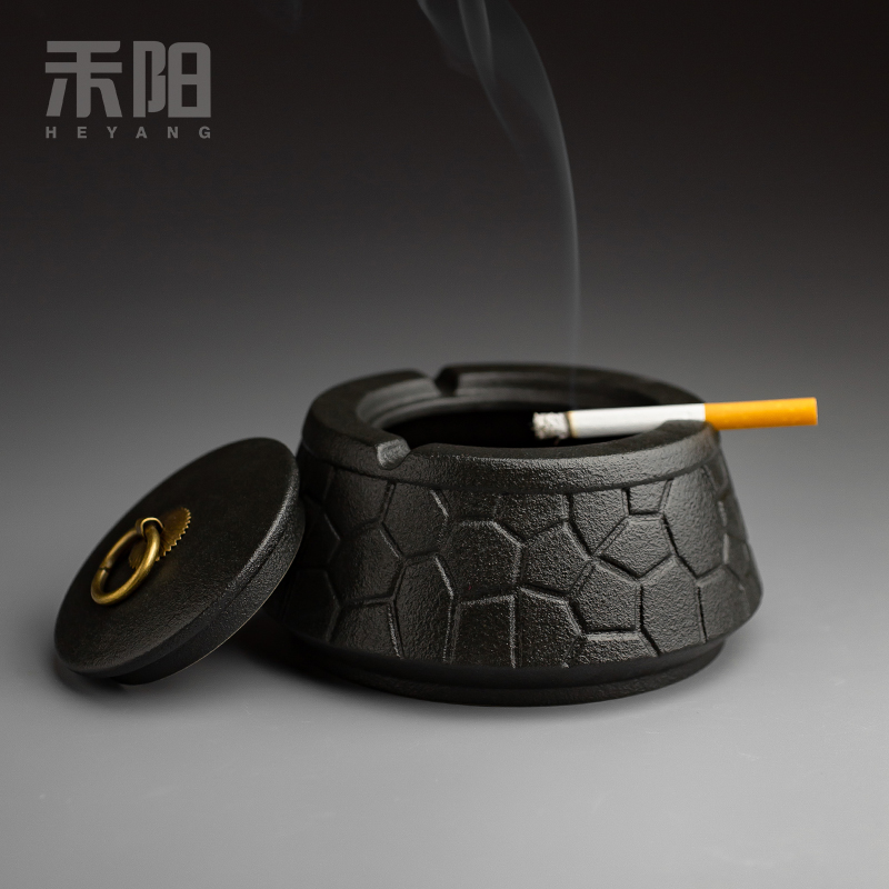 Send Yang black pottery ashtray with cover Chinese style household living room office large wind restoring ancient ways ashtray creative tea table