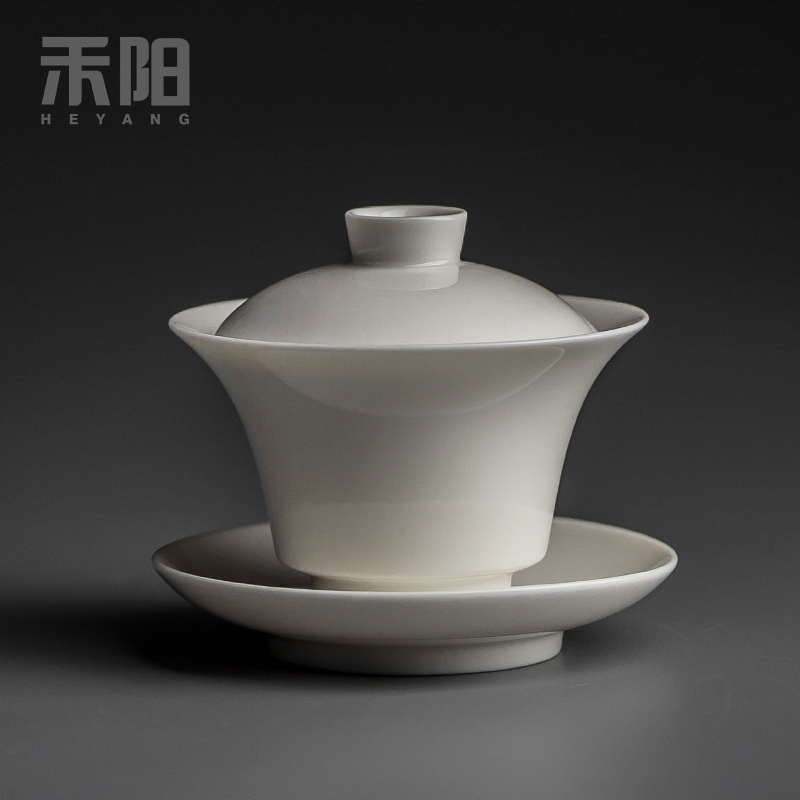 Send Yang dehua white porcelain tureen kung fu tea set ceramic bowl three tureen tea cups of household size