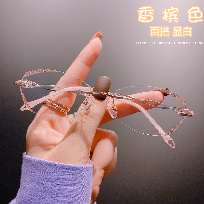 Frameless glasses myopic women can be equipped with height number plus astigmatism anti-fog diamond cut edge borderless color change anti-blue light