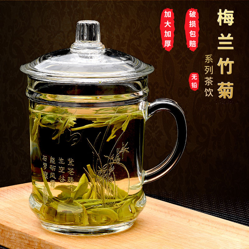 Thickened heat-resistant glass with handle with cover Household drinking blister teacup Office men's large water cup Transparent