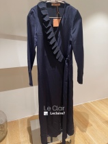 Spot Maggie Marilyn spring commuting dark blue slanted breast silk ruffle dress blouse