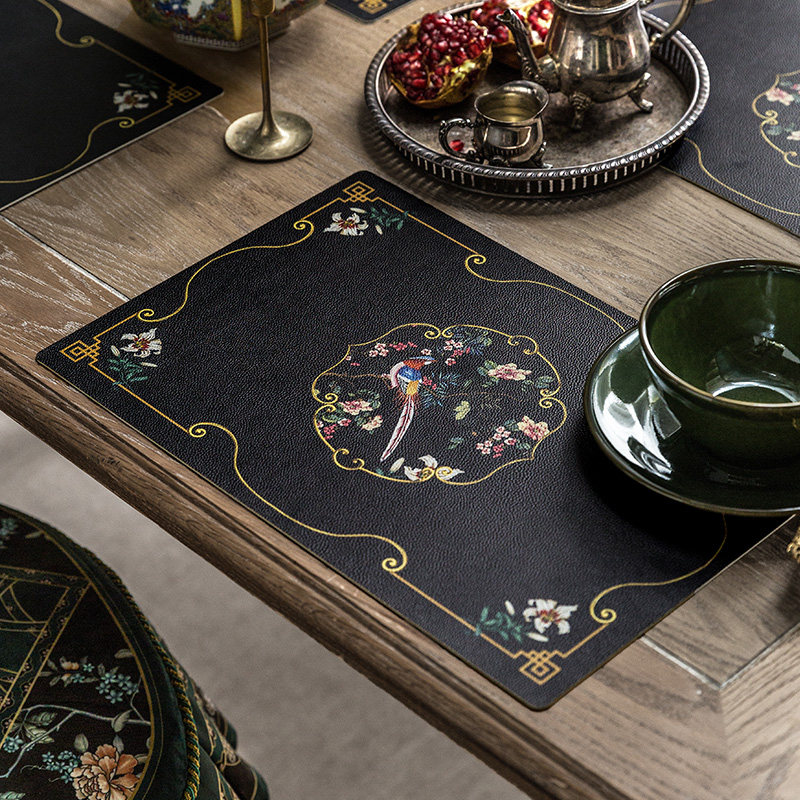 Hall Oriental Queen's Hibiscus Dining Mat PVC Waterproof Oil Protection Free Wash New Chinese Style Tea Mat Chinese Wind Thickened Table Mat