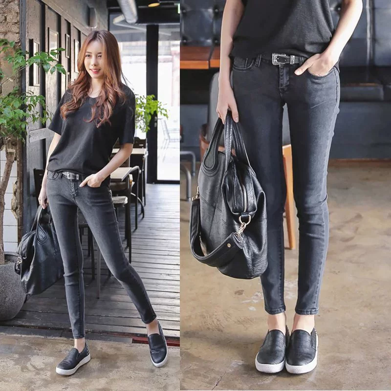 Mùa xuân và thu đông chín điểm quần jeans nữ 2018 phiên bản Hàn Quốc mới của người gầy chân cao eo đen hoang dã học sinh dài