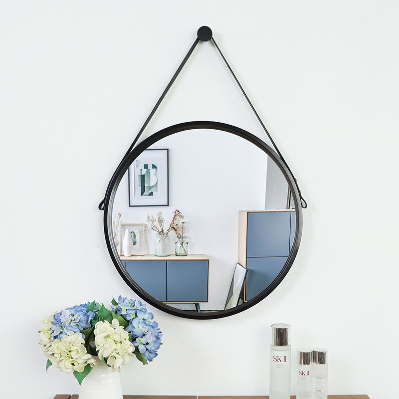 Modern Brief Mirrors Round Mirror Solid Wood Leather Round Mirror Wall-mounted Creative Bathroom bathroom mirror Bedroom Cosmetic Mirror