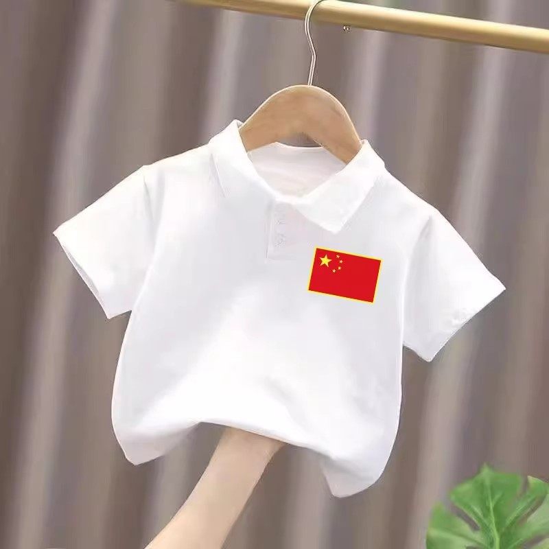เสื้อโปโลธงแดงห้าดาวสำหรับเด็ก เสื้อยืดสีขาวสำหรับเด็กชายและเด็กหญิง ฤดูร้อน แฟชั่นระดับชาติ เสื้อคอปกพับลงแขนสั้นสำหรับเด็กโต