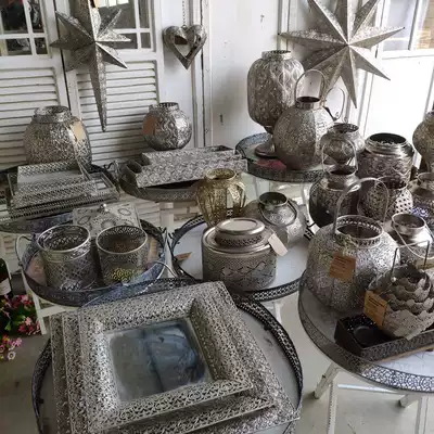 Large collection of solitary products-Moroccan style decorative lantern retro silver-plated iron candlestick plate antique furnishings
