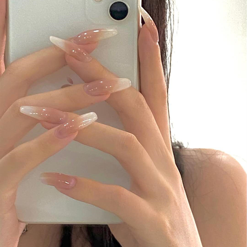 Warm Little Boy Nude Color Gradient Manicure Fake Nail Patches European and American Style with Rhinestones Finished Bridal Nails Wearable Nails Removable Warm Little Boy Nude Color Gradient Manicure Fake Nail Patches European and American Style with Rhinestones Finished Bridal Nails Wearable Nails Removable