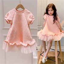 2022 spring and summer new children girls pink foreign air CUHK girl mesh yarn short sleeve dress princess dress