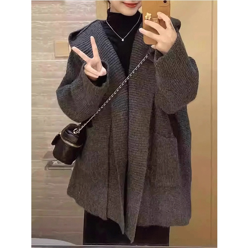 2024 New Autumn and Winter Korean Style Knit Jacket, Lazy Style Gray High-End Hooded Sweater Cardigan, Mid-Length