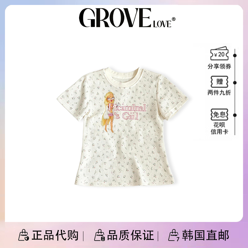 [in Stock] Korean Brand Grove Love Floral Barbie Doll Print Waffle Fabric Regular Shoulder Short Sleeve T-Shirt