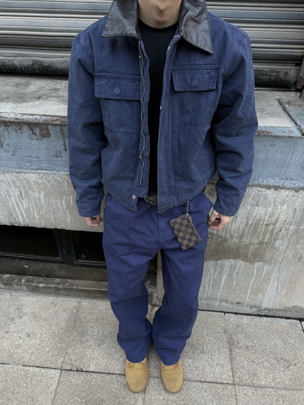 Ztkg American Retro Detroit Boxy Short Wide Washed Vintage Multi-Pocket Patchwork Leather Collar Jacket Cotton Coat for Men