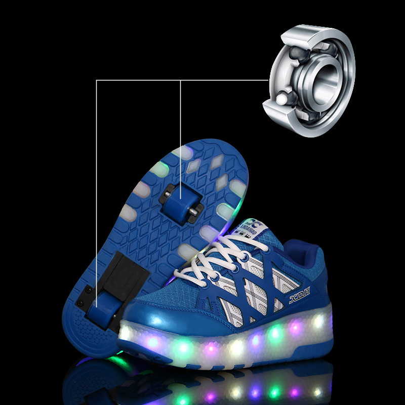 Double Wheel Storm Walking Shoes Men And Women Child Wheels Skating Shoes Children With Wheels Sneakers Students Bursting Shoes Deformation Shoes Wheel Shoes