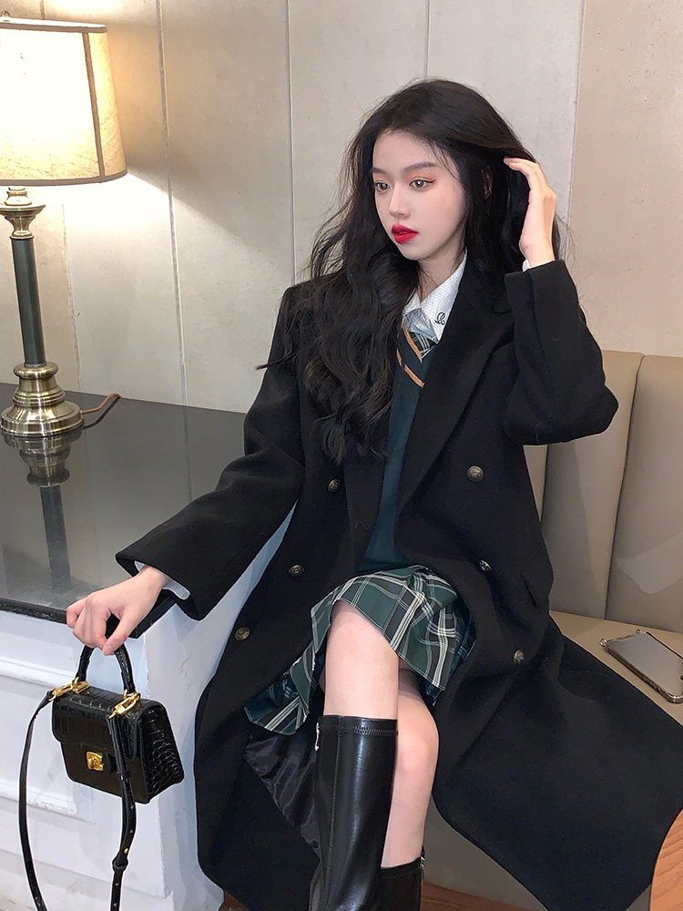 (Leiden College) Double-breasted college style black wool woolen coat mid-length version front shoulder JK uniform coat