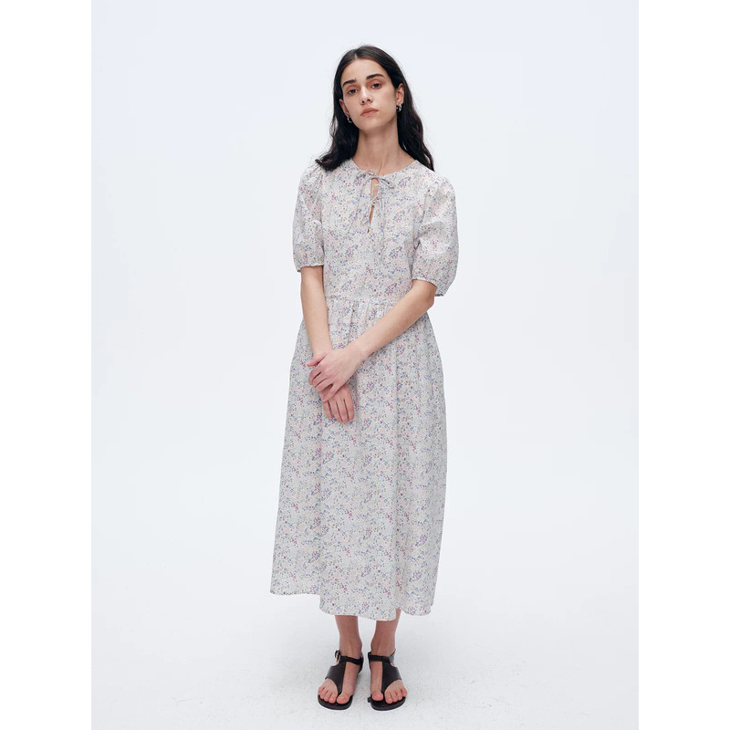 2026 Summer New Style Japanese Imported Salt-Washed Pure Cotton Fresh Floral Round Neck Tie Bubble Sleeve Short Sleeve Dress for Women