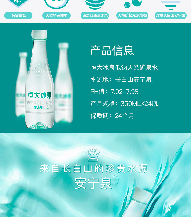 天猫超市 恒大冰泉 低钠水 长白山弱碱性饮用水 350mL*24瓶 图3