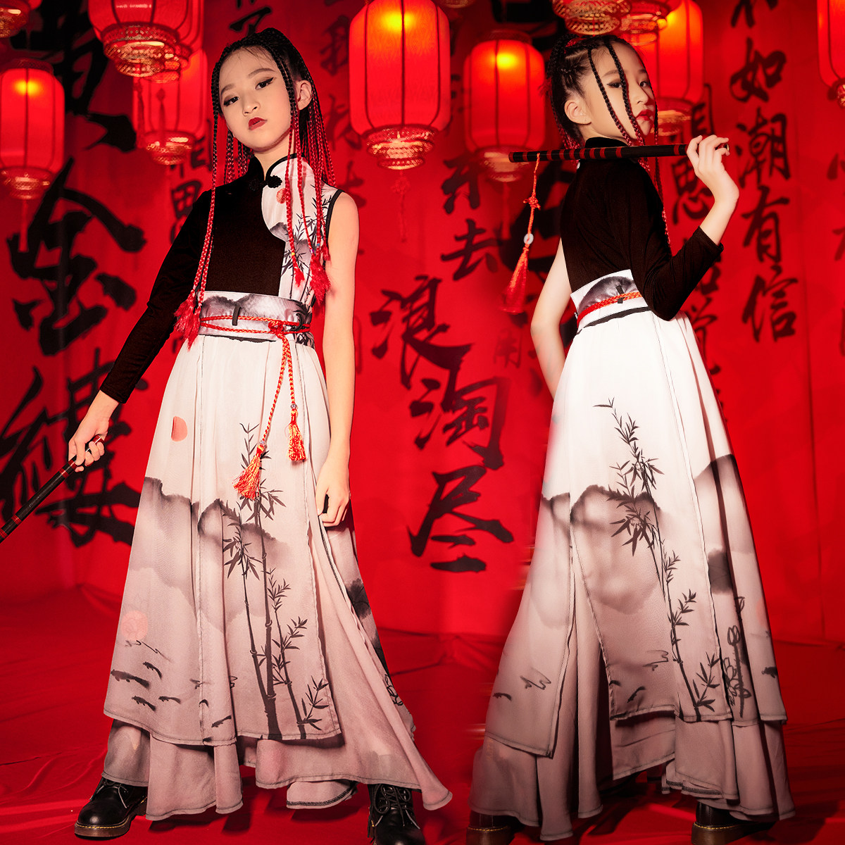 Children's National Tide Show Model T Taiwan Fashion Girls Ink Performance to Young Children's Chinese Dance Clothes