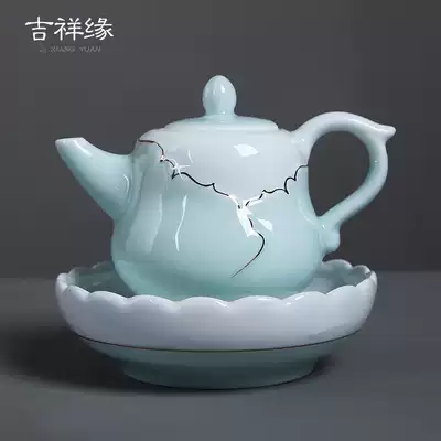 Auspicious edge celadon hand-painted gold bowl large three tea bowl tea bowl tea cup pot bearing tea leakage kung fu tea set