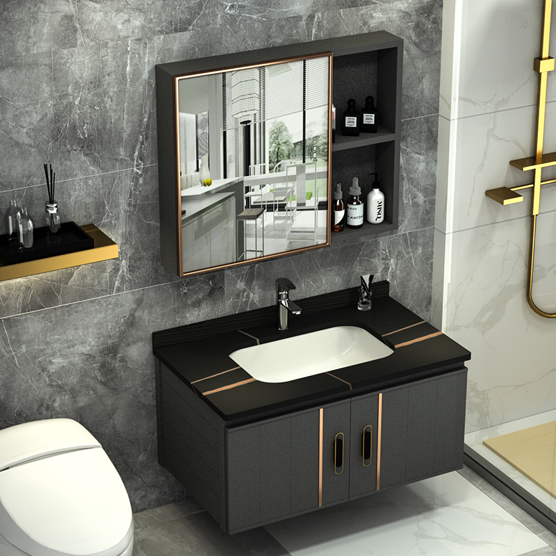Sintered Stone Space Aluminum Alloy Bathroom Cabinet Set with Integrated Washbasin and Mirror Cabinet