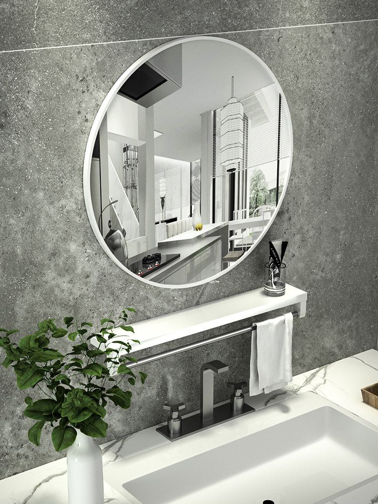 Nordic bathroom round mirror hole-free with shelf Powder room wall-mounted makeup mirror Makeup mirror Wall-mounted round mirror