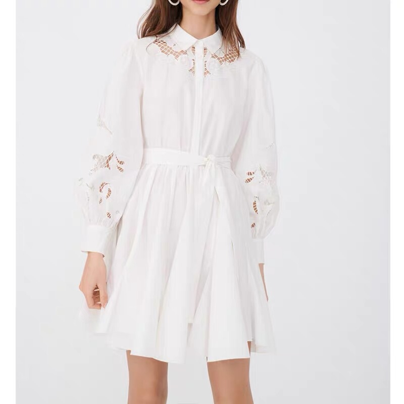 【Purely in Stock】M Brand~ Puff Sleeve Lace Hollow-Out Belt Dress, Same Style as Jing Tian~