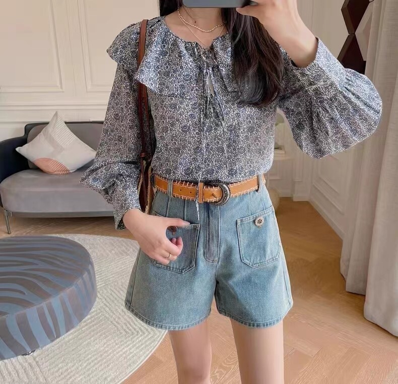 【Purely in Stock】New Zealand Re*Ta Brand Blue and White Porcelain Print Doll Collar Long-Sleeve Shirt 226128