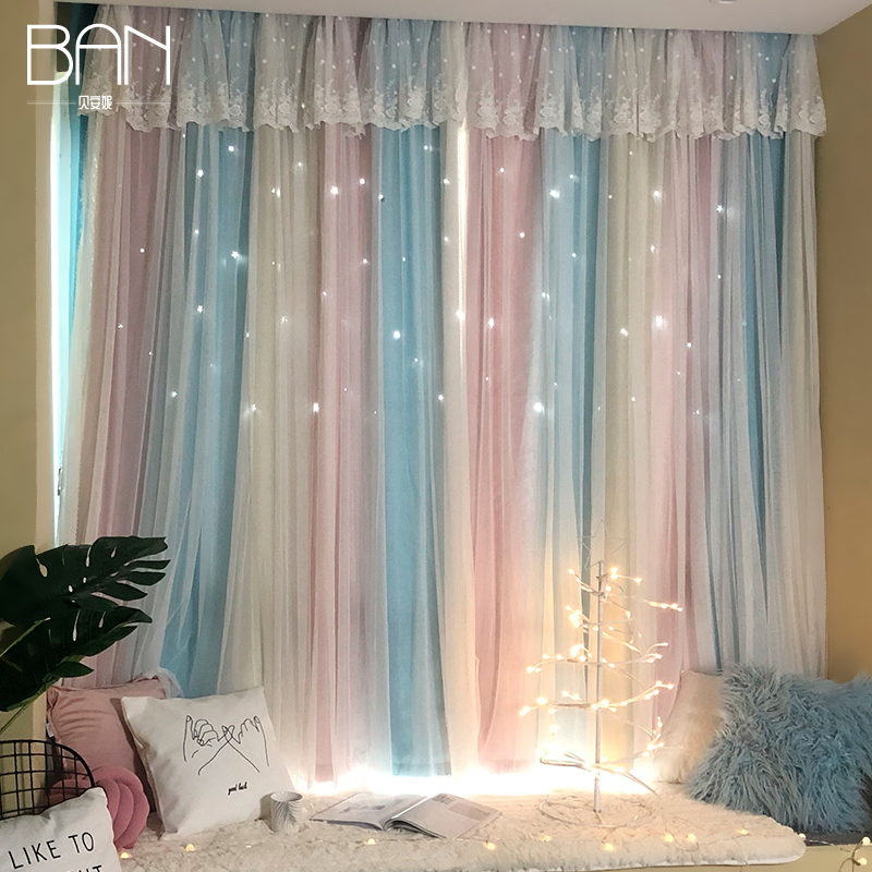 Hollowed-out Stars Mesh Red Curtains Ins Wind Nordic Asymptotic Striped Mediterranean Curtain Living Room Bedroom Floating Window Shade