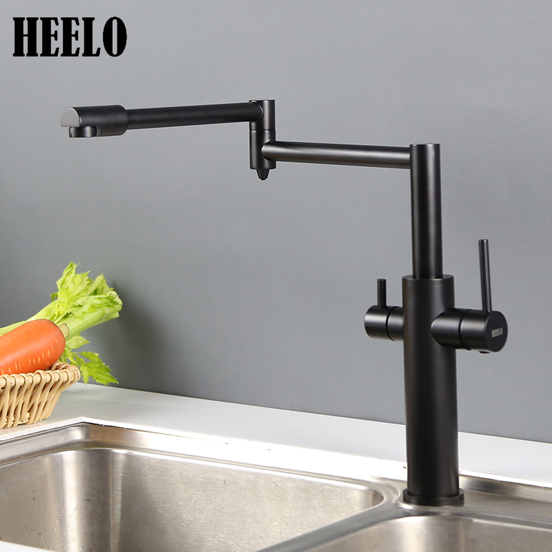 Black copper double water outlet hot and cold folding kitchen tap with water purifier faucet integrated lengthened rotary telescopic