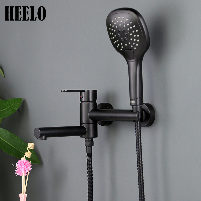 Black bathtub faucet extended nozzle copper hot and cold shower kit European wall hanging powder room bathroom