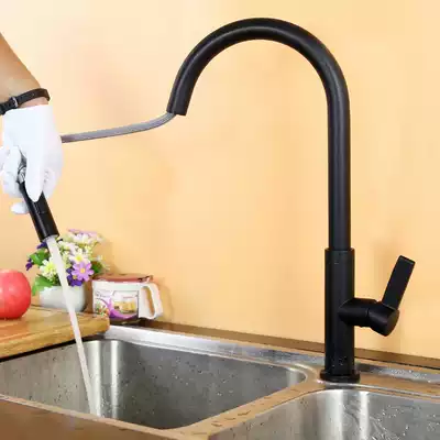 Black kitchen faucet pull-out hot and cold copper European style rotatable dishwashing sink Universal single hole splash-proof household