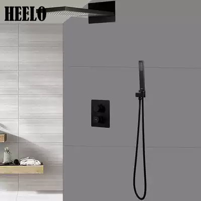 Black constant temperature concealed shower set Square copper hidden in-wall bathroom hot and cold temperature control flying rain faucet