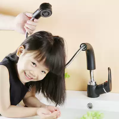 Black copper lifting shampoo faucet Pull-out rotating hot and cold washbasin washbasin Bathroom powder room Household