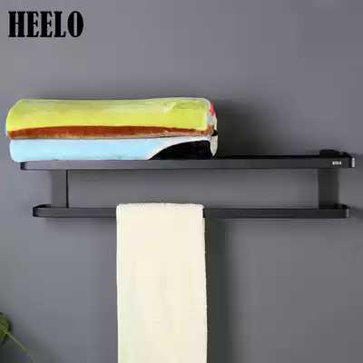 Black double-layer towel rack copper wall-mounted perforated powder room bathroom padded European towel rail bathroom hardware pendant