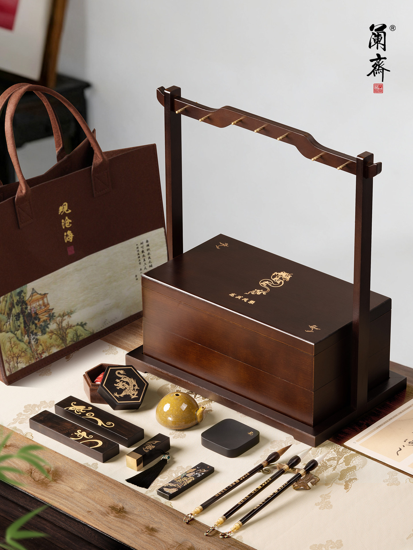 Professional-Grade Stationery Set, High-End Calligraphy Brush, Inkstone, Brush Holder, Ink Stick, Endstone, Ruler, Pen, Ink, Paper, Inkstone, Calligraphy Brush, Chinese Painting Special Gift Box, Complete Gift Set