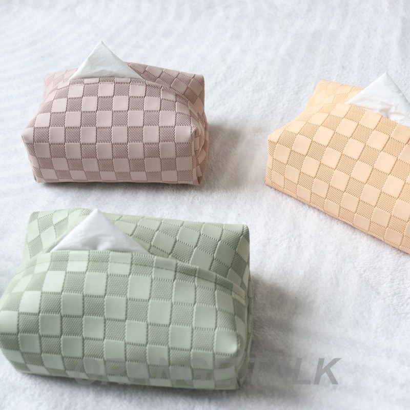 Light luxury high-end macaron color checkerboard texture leather tissue box cream style pure color drawer box tissue storage