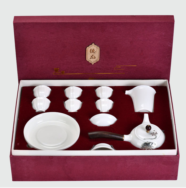 Xu dehua white porcelain ink suet jade inlay silver tea set household contracted ceramic office kung fu tea cups