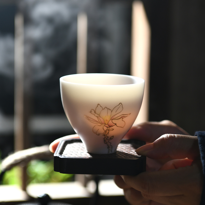 Xu ink biscuit firing porcelain teacup hand - made the master sample tea cup cup suet jade porcelain kung fu tea sets of high - grade gift box