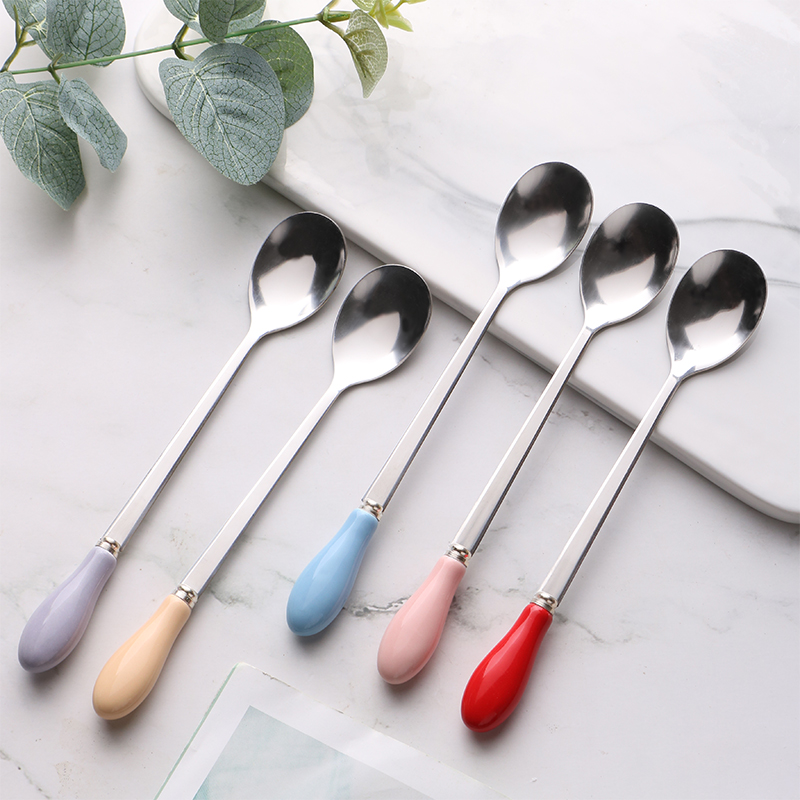 Personality creative long handle ceramic handle stainless steel mixing spoon Cute spoon small fork Simple black and white coffee spoon